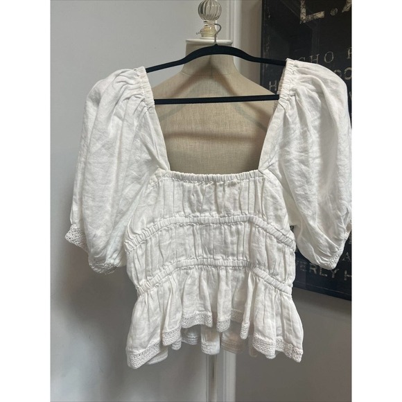 ULLA JOHNSON Harley Crochet-Trimmed Linen Top Size 4 Ivory White - Picture 7 of 9
